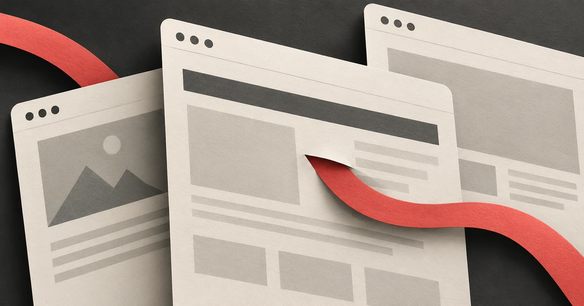 重なったWebページの隙間を赤い帯が通り抜け、見えない改変を表現した紙のコラージュ